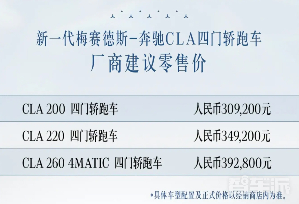 奔驰CLA四门轿跑车上市，30.92万元起，1.3T动力，豪华驾驭新体验