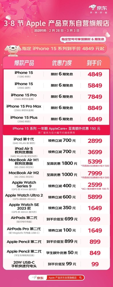 京东3·8节狂欢开启iPhone15系列优惠至4849元起，部分机型6期免息抢购中