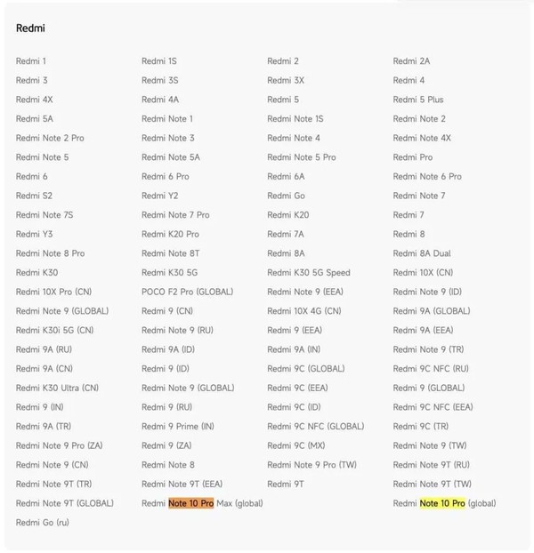 红米Note10Pro系列停产，Redmi机型列表更新