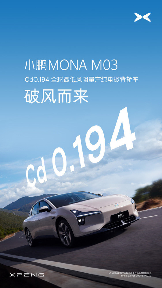 小鹏MONAM03刷新纪录：最低风阻量产纯电掀背车，风阻系数仅Cd0.194