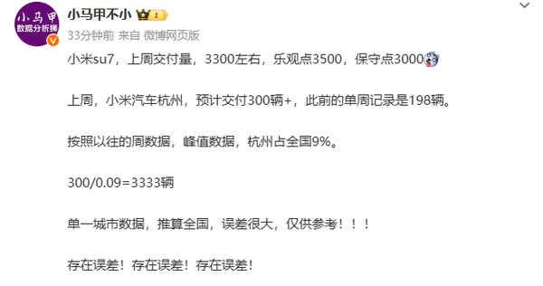 小米汽车上周交付量破纪录，保底3000辆创新高