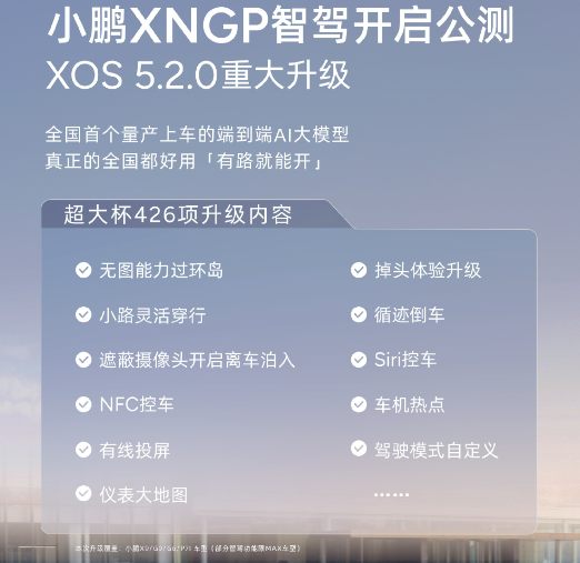 小鹏XNGP智驾系统升级至5.2.0版本，带来426项全新优化体验